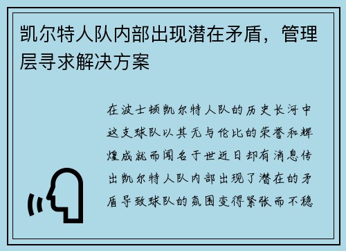 凯尔特人队内部出现潜在矛盾，管理层寻求解决方案